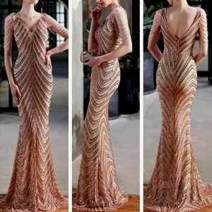 Rose Gold, Striped, Sleeveless, Backless,  Fringe Draped, Sequined Merma…